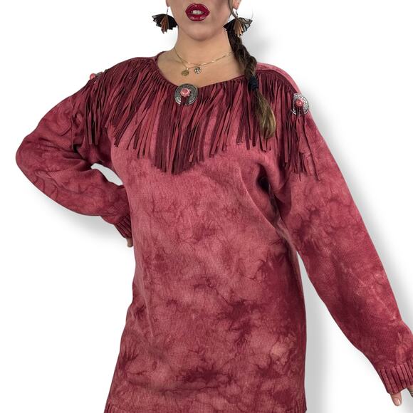 Vintage cowgirl western red cotton tie-dyed fringe sweater dress - Picture 5 of 14